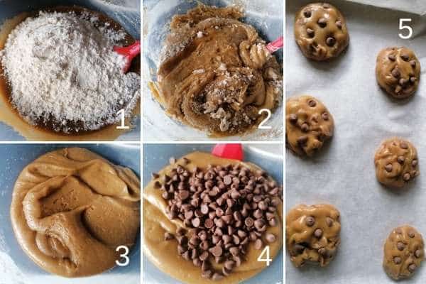 photo collage of making chewy chocolate chip cookies