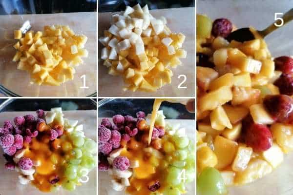 photo collage of making fruit salad
