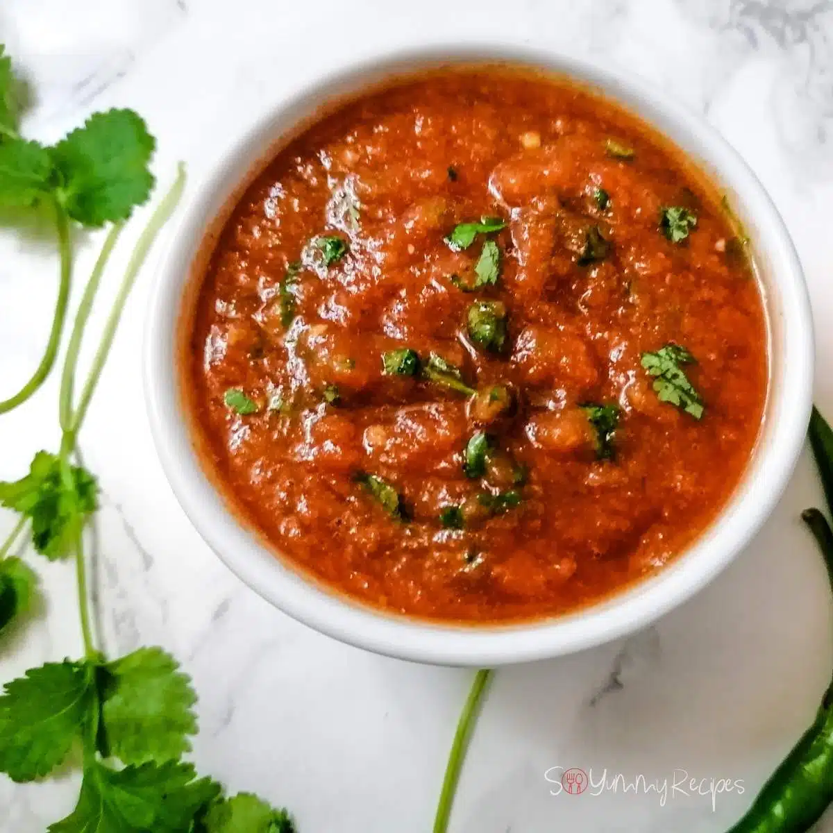 Tomato and chilli chutney Pakistani style with some coriander leaves in the backgound