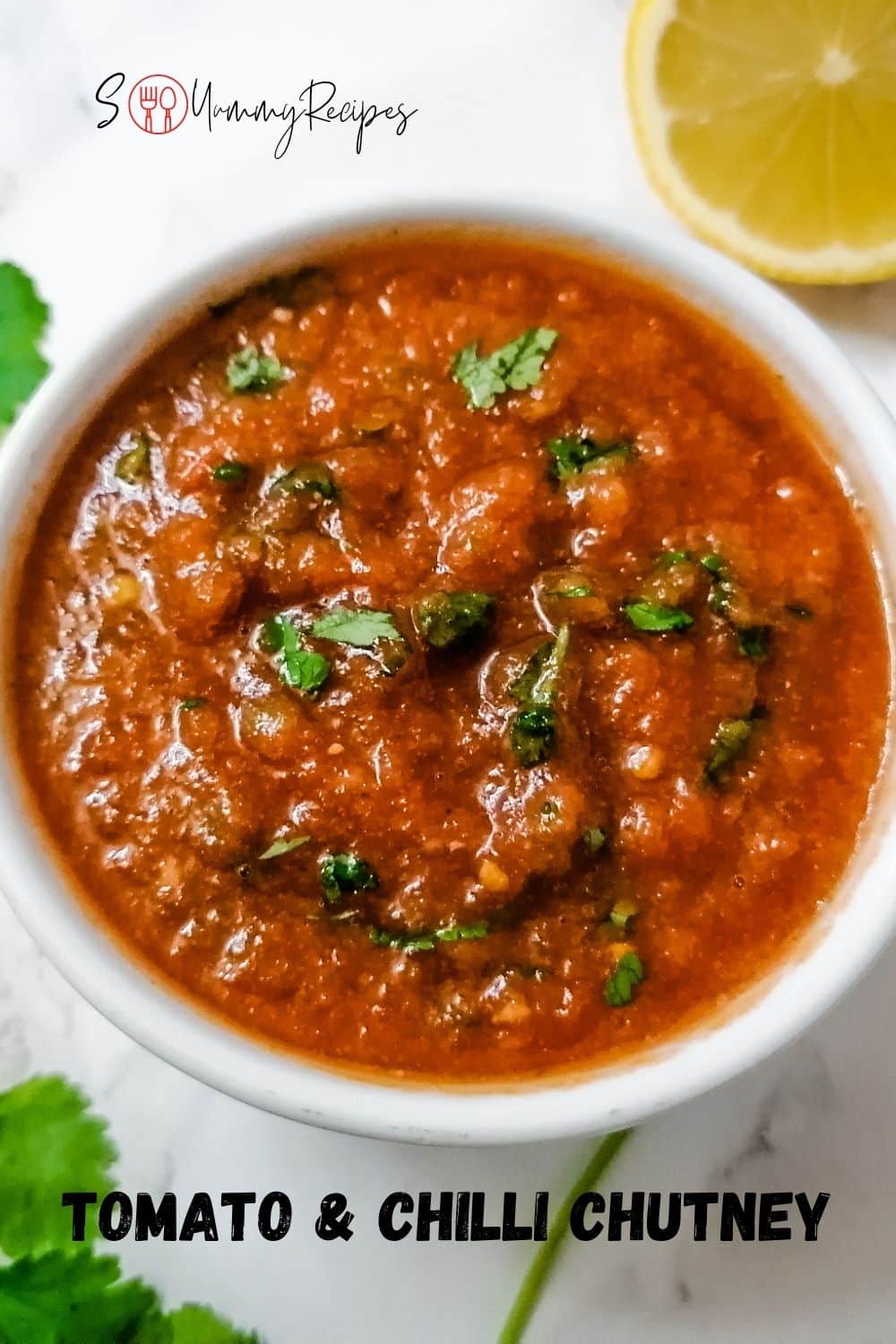 a bowl of tomato and chilli chutney Pakistani style with an overlay text