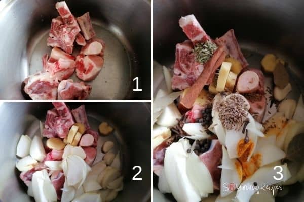 photo collage of mutton bones and spices in a stockpot.