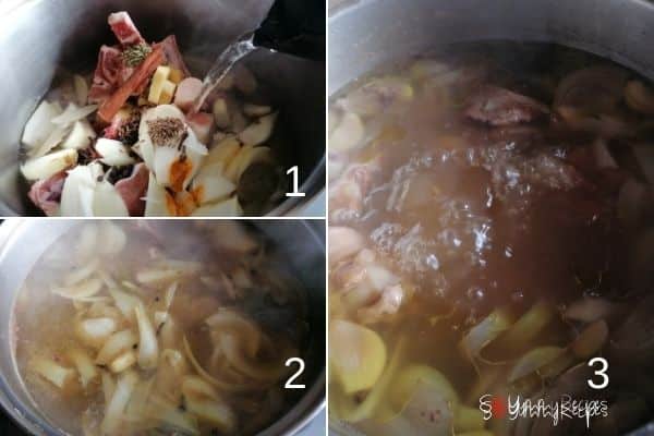 photo collage of making yakhni mutton bone soup.
