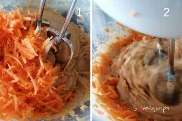 photo collage of adding grated carrots in the cake batter