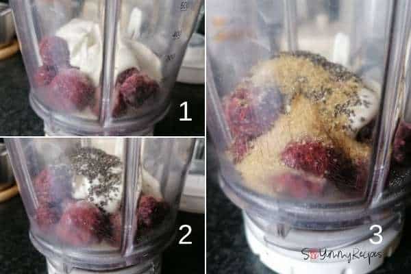 photo collage of smoothie ingredients in a blender.