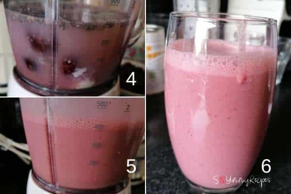 photo collage of making cherry smoothie with yoghurt and no banana.