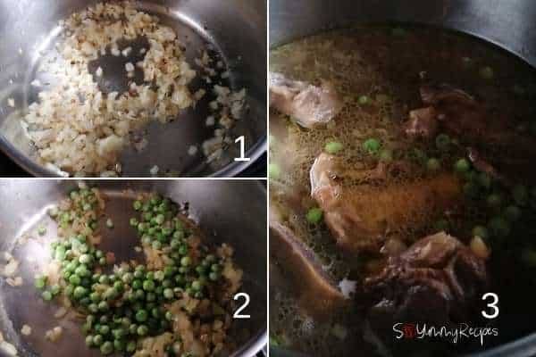 photo collage of frying the onions and green peas then boil the bone soup with bones.