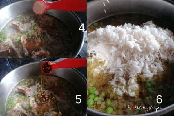 photo collage of how to make mutton yakhni pulao rice.