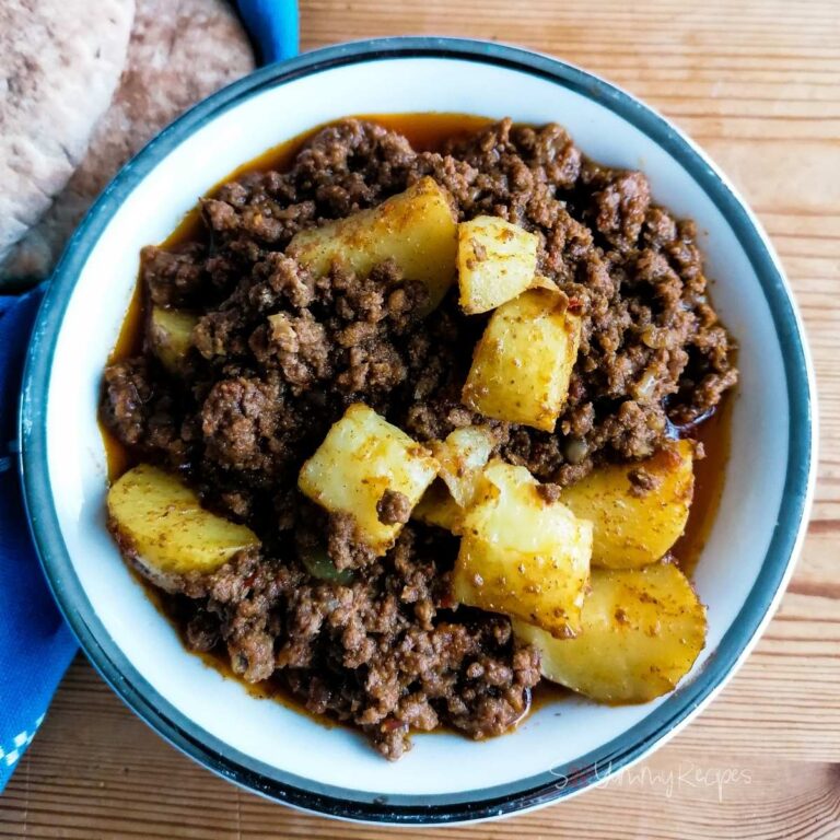 A dish of Pakistani aloo keema - the potato and minced meat curry.