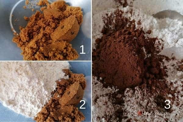photo collage of soft brown sugar, flour and brown sugar mix, and flour and cocoa powder mix.