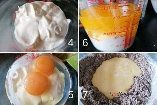 photo collage of yoghurt, eggs, melted butter and batter mix.