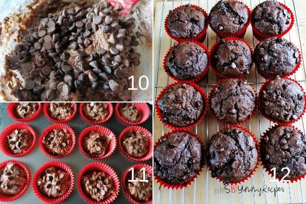 photo collage of making double chocolate chip muffins.