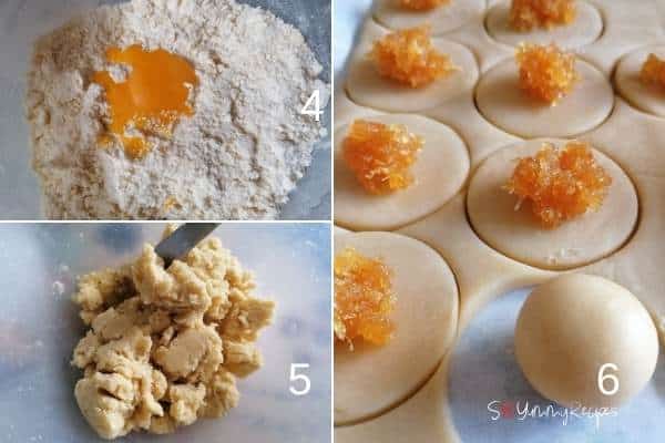 photo collage of making cookie dough and fill it with pineapple jam.