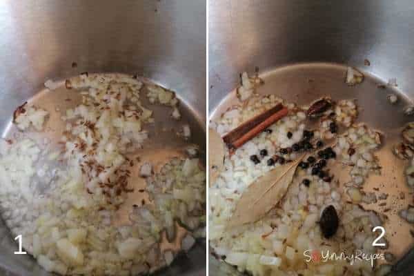 photo collage of frying the chopped onion and whole spices.