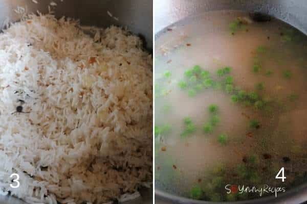 photo collage of boiling rice with green peas.