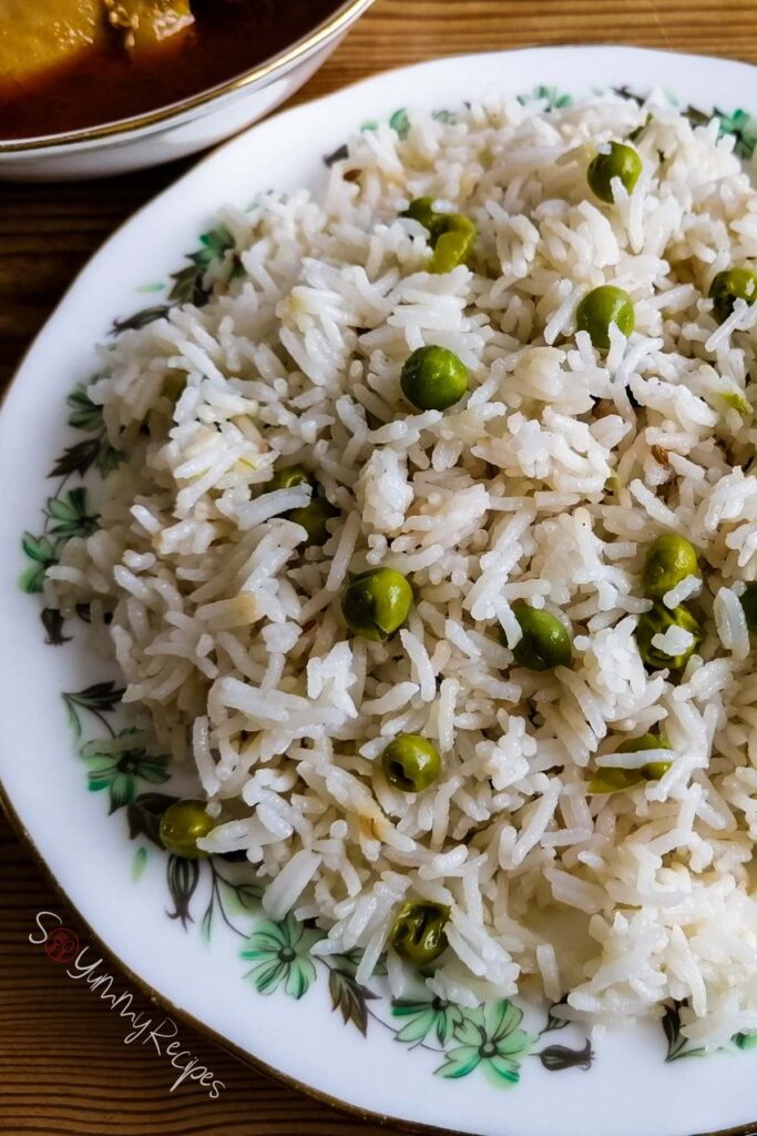 Matar Chawal the Pakistani rice dish with green peas.