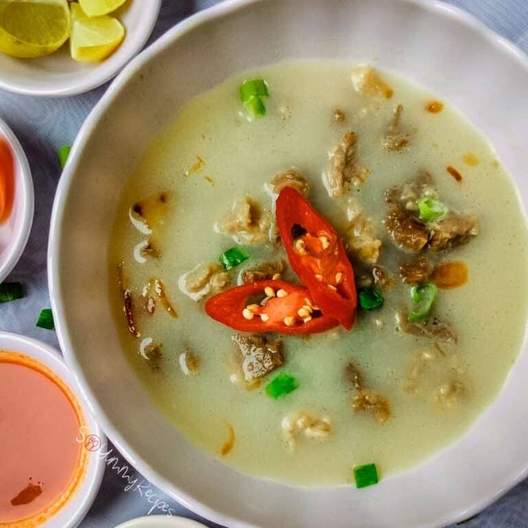 a bowl of beef soup with milk from Jakarta region.