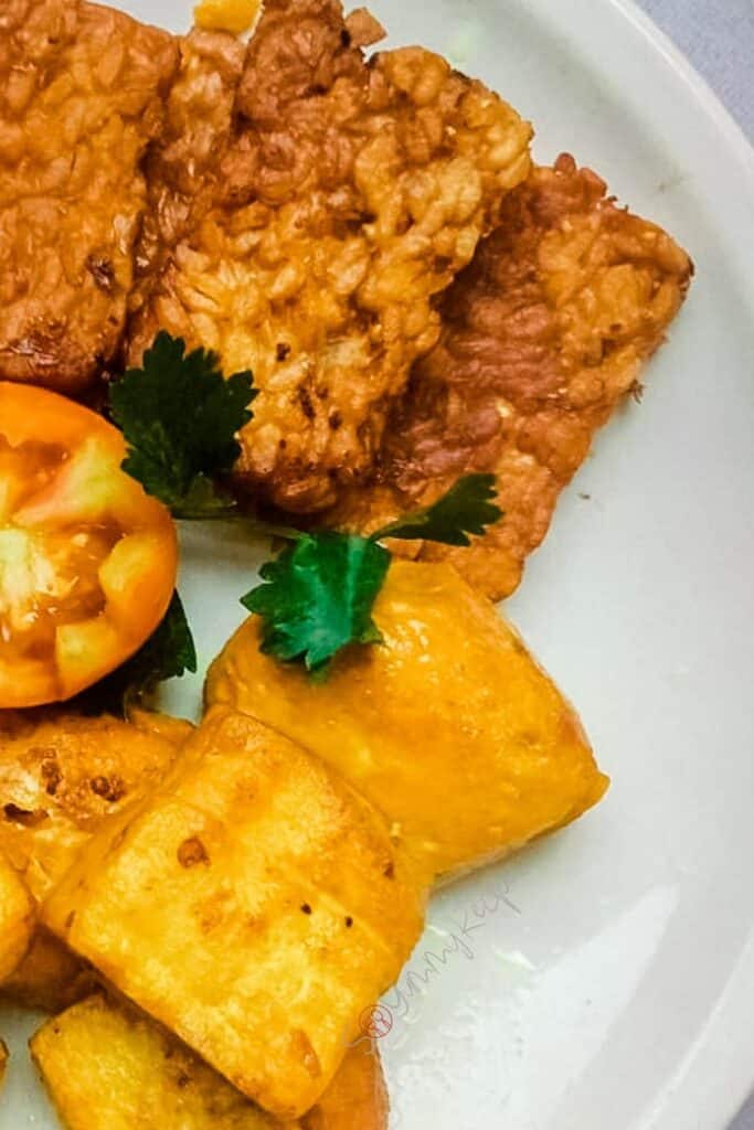 Fried tempe and tahu bacem on a white dish.