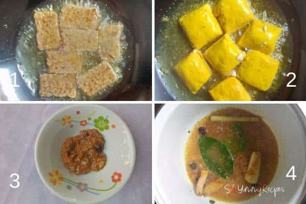 photo collage of frying tempeh and tofu, and spice paste.