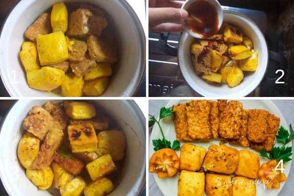 photo collage of making tempe and tahu bacem.