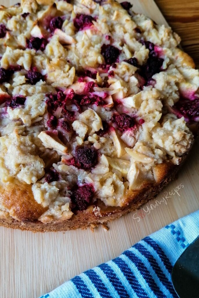 A closeup photo of apple crumble cake.