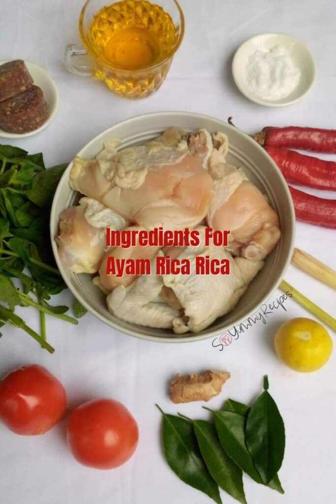 ingredients of ayam rica rica with overay text.