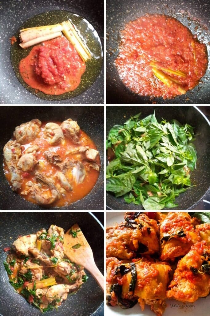 a photo collage of how to make Manadonese chicken dish cooked in chillies and lemon basil.
