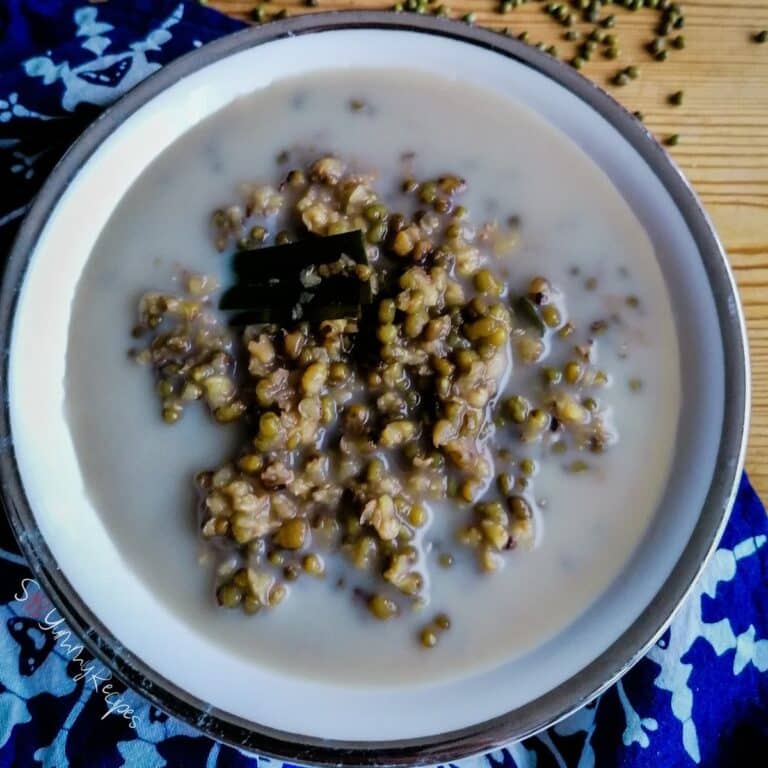 Indonesian mung bean dessert - Bubur Kacang Hijau in a silver rimmed bowl.