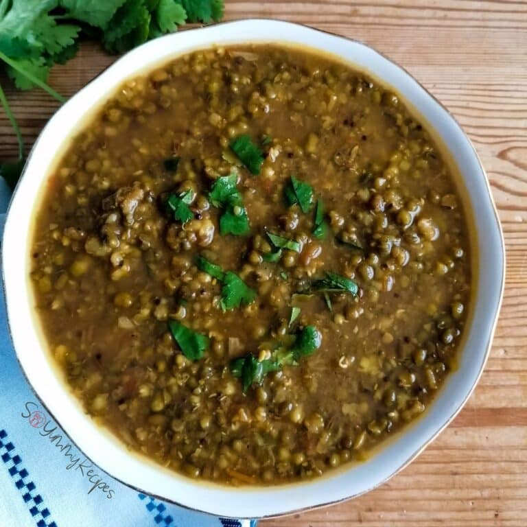 Pakistani mung bean curry in a round bowl.