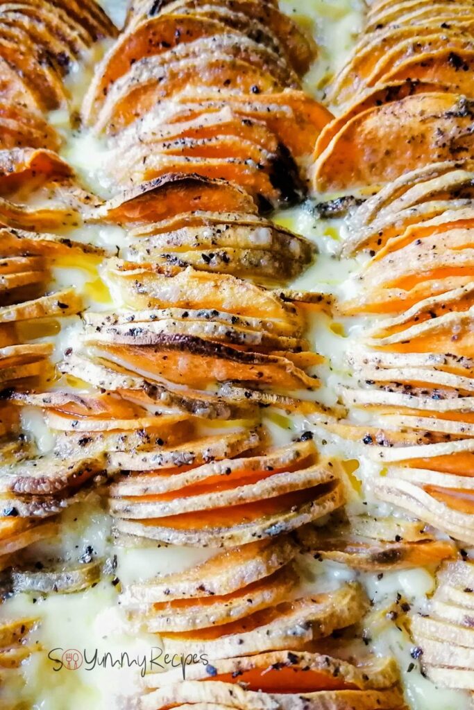 A close up of sweet potato gratin that was cooked in microwave.