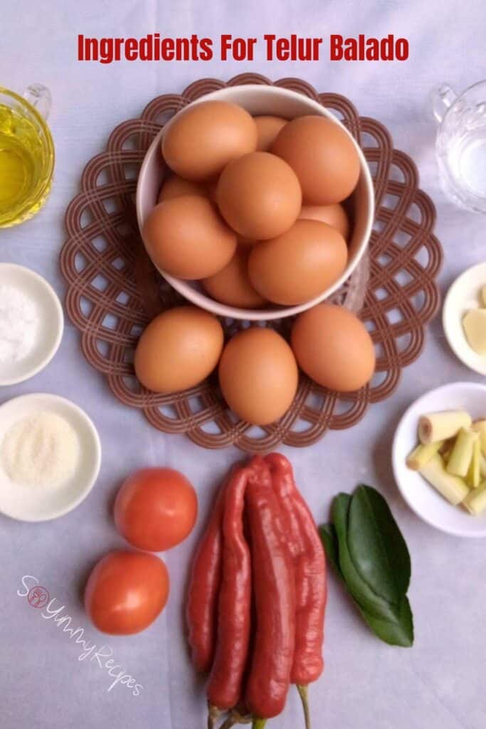 Ingredients for telur balado with an overlay text.