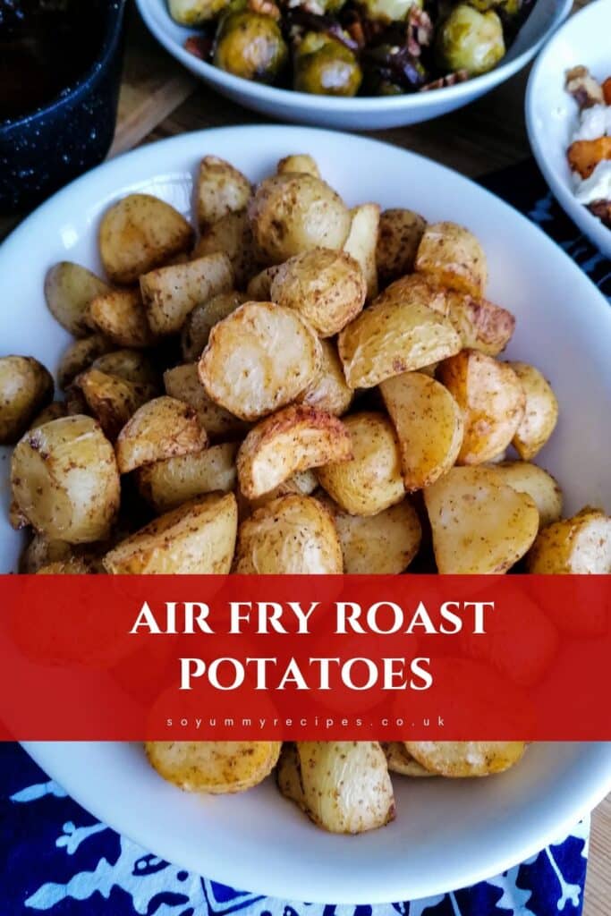 Air fry roast potatoes with an overlay text.