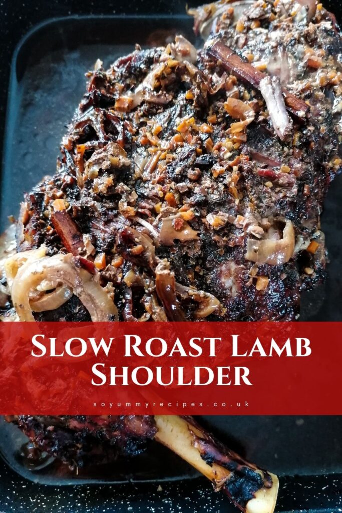 Slow roast lamb shoulder with an overlay text.
