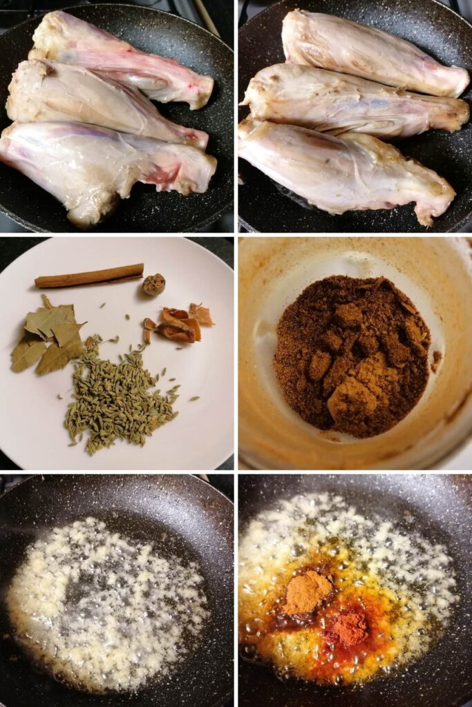 Photo collage of lamb shanks and spices.