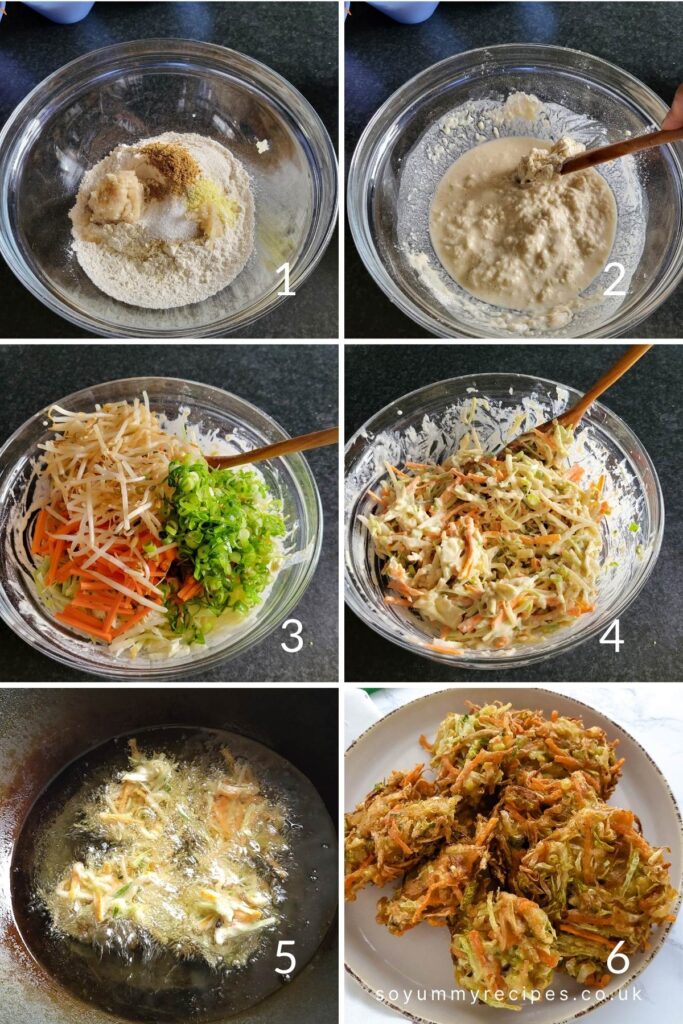 photo collage of how to make bakwan sayur.
