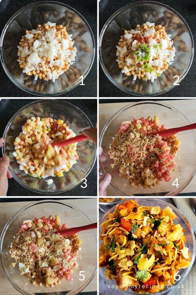 A photo collage of how to make chana chaat.