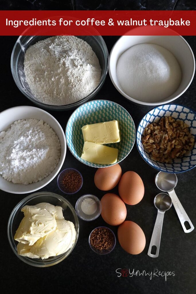 ingredients for coffee and walnut cake.