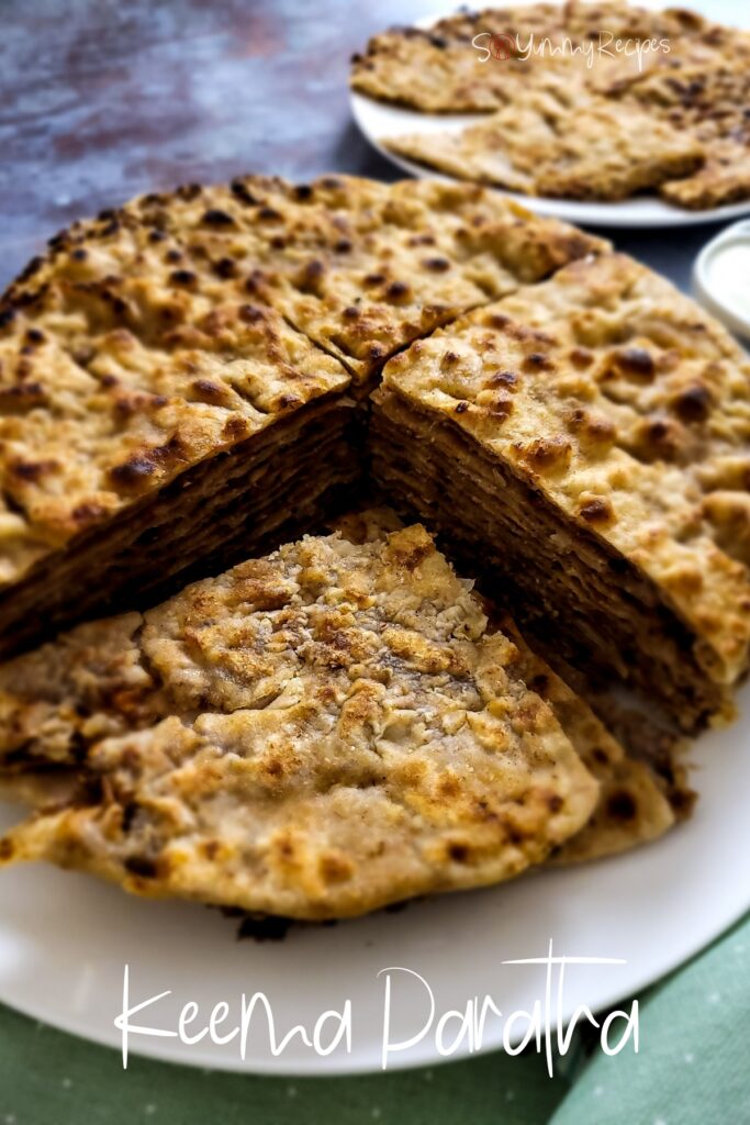 A stack of minced meat stuffed flatbread.