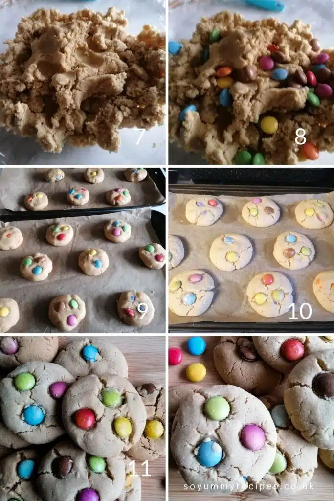 A photo collage of making smarties cookies.