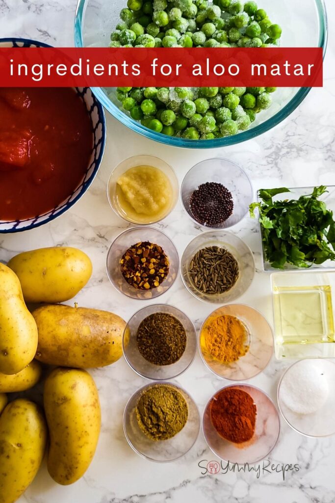 A photo of the ingredients for aloo matar.