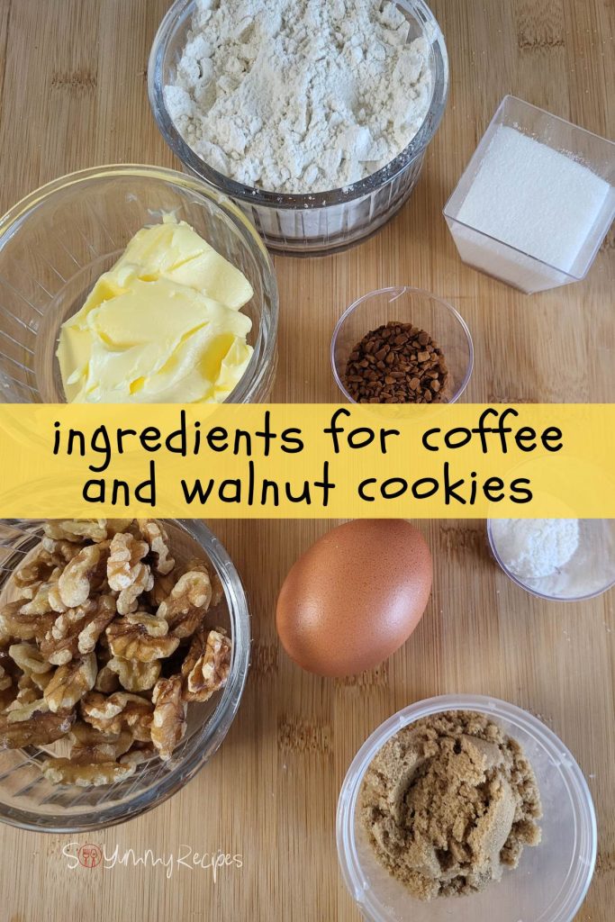 Ingredients for making coffee and walnut cookies.