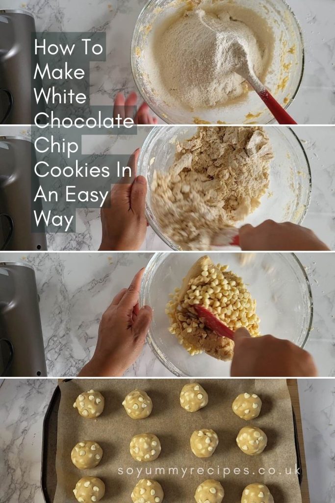a photo collage of how to make white chocolate chip cookies.