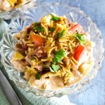 A bowl of papdi chaat - the Pakistani potato and chickpea salad.