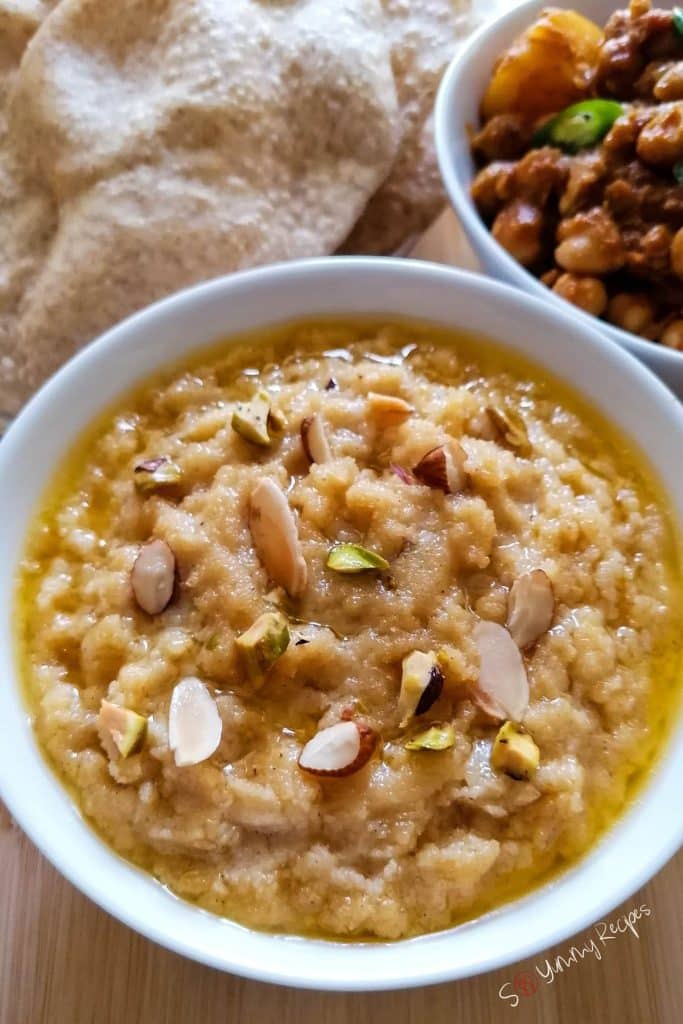 Pakistani halwa, puri, and chana.