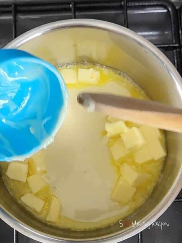 adding condensed milk into butter.
