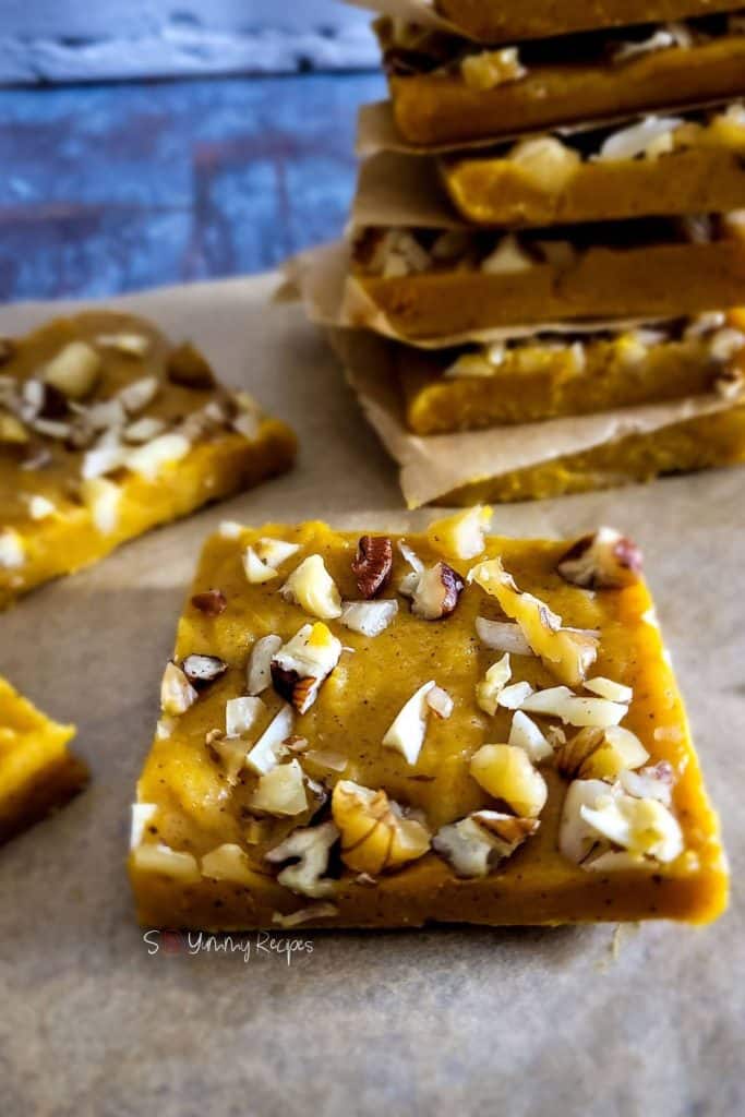 Fudge made with real pumpkin and condensed milk and topped with crunchy nuts.