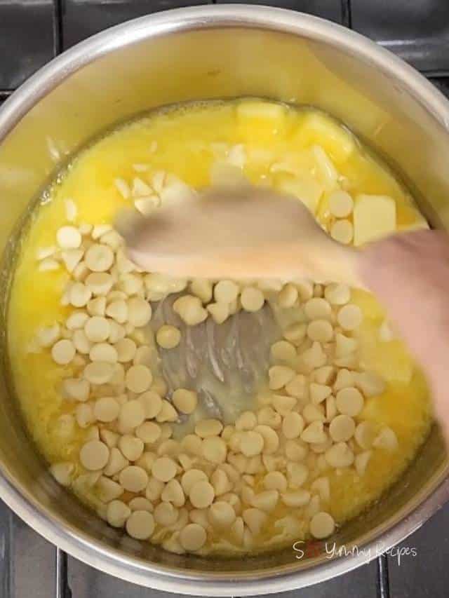 white chocolate chips in melted butter mixture.