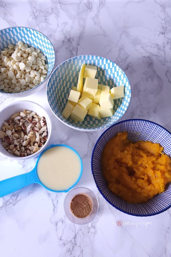 Ingredients for pumpkin fudge.