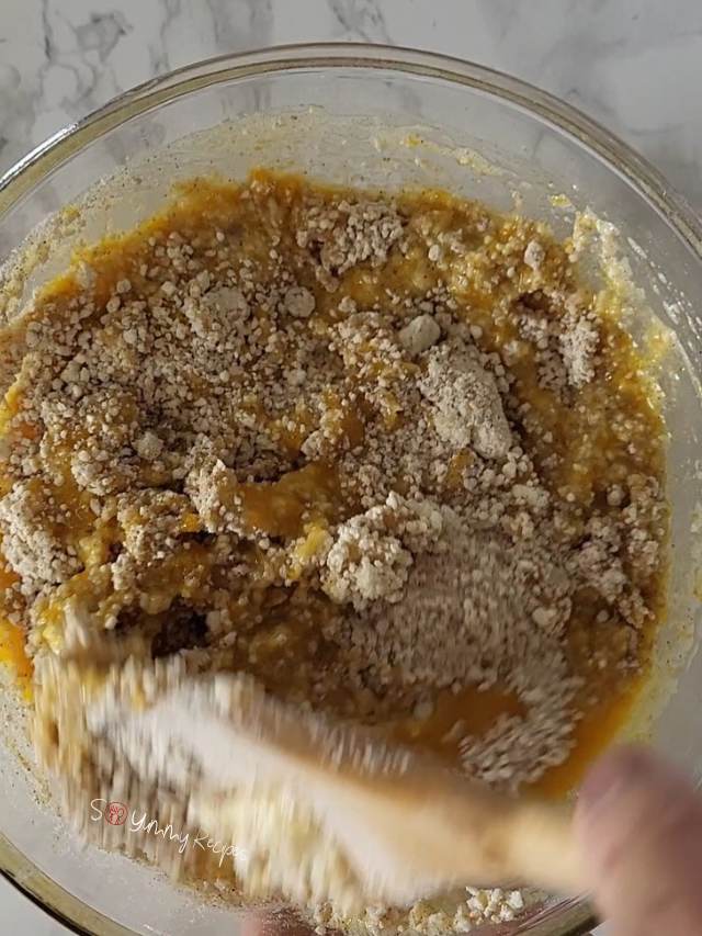 Mixed ingredients for almond flour pumpkin muffins. 