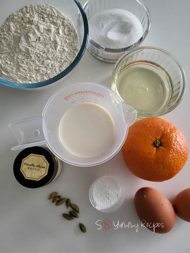 Ingredients for orange cardamom muffins.