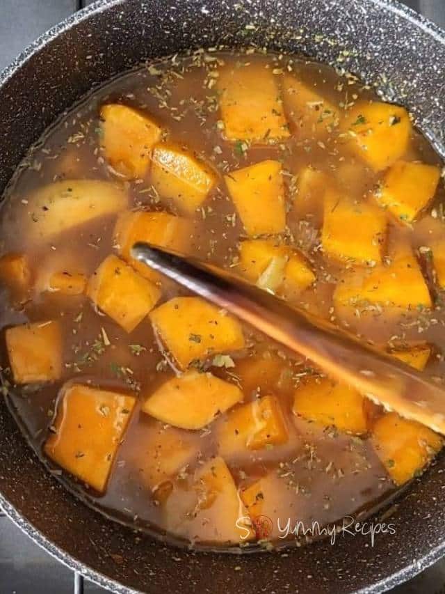 Boiling pumpkin and sweet potato.